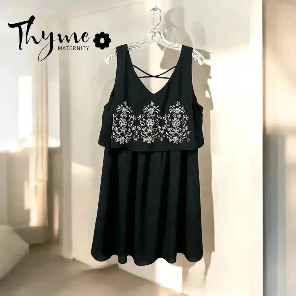 NWOT Thyme Maternity, Embroidered Black Maternity Dress, XL 🌸